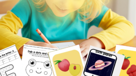 Child sitting at a table with educational cards and coloring books, with text overlay about a 'Summer School Mega Bundle' and master resell rights.